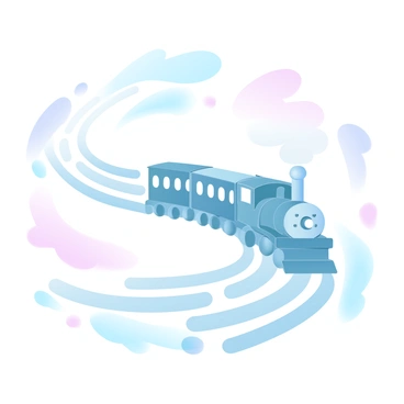 A miniature train is traveling along a winding track that resembles a fingerprint pattern. The train has detailed features, including small windows and an intricate design. The track is made up of smooth lines that curve and swirl, mimicking the unique ridges of a fingerprint. Surrounding the track are blurred pastel colors that transition softly, enhancing the overall visual effect of the scene. The train is moving toward the viewer, creating a sense of motion and adventure.