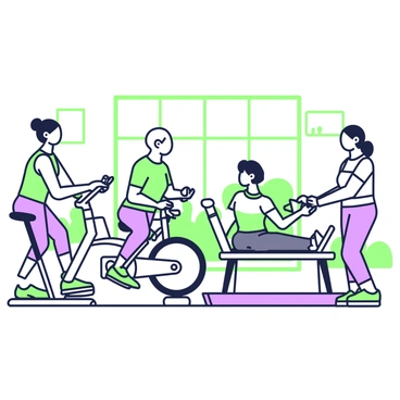 A rehabilitation center interior is depicted with patients engaged in exercises. In the foreground, a woman is using a stationary bike, her face focused as she pedals. Next to her, an elderly man is lifting light weights while sitting on a bench, showing his determination. A physical therapist is guiding a young woman doing stretching exercises on a mat, offering encouragement. In the background, there are large windows allowing natural light to enter, and various exercise equipment is neatly arranged along the walls. Each patient is wearing comfortable workout clothing, emphasizing a supportive environment.