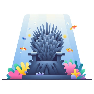 An underwater scene features the "Iron Throne" made of intricate dark metal, sitting prominently on the ocean floor. Surrounding the throne are vibrant coral formations in various colors, including bright pinks, yellows, and purples, creating a lively backdrop. Schools of small, colorful fish swim around the throne, showcasing a variety of hues such as orange, blue, and green. The light filters down from the water's surface, casting shimmering patterns across the scene, highlighting the details of the throne and the surrounding marine life. Bubbles rise gently from the throne, adding to the underwater atmosphere.