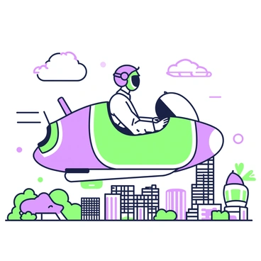 A person is sitting in a small, personalized flying vehicle as they commute over a cityscape. The vehicle has a sleek design with rounded edges and distinct features that reflect its owner's personality. The city below is filled with various buildings, including tall skyscrapers and smaller structures, all arranged in a vibrant layout. The person is wearing a helmet equipped with a visor that displays data, and they are focused on navigating through the air. In the background, a clear sky enhances the scene, while a few clouds float lazily.