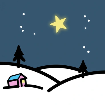 A bright "Christmas star" is shining in the night sky, casting a gentle glow. Below the star, there is a "peaceful nighttime landscape" with rolling hills and a few pine trees silhouetted against the dark sky. The ground is lightly covered in "snow," glistening under the star's light. In the foreground, a small cabin can be seen, its windows glowing warmly, adding to the serene atmosphere of the scene.