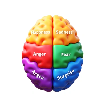 An illustration of a brain with different emotions labeled in specific sections
