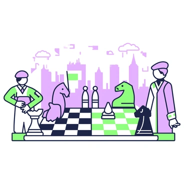A chessboard set up for a game, with pieces designed to symbolize different Cold War superpowers. The pawns resemble soldiers from various nations, dressed in distinct uniforms. The rooks are shaped like missile silos, while the knights are designed as armored vehicles. The bishops carry flags representing their respective ideologies. The queens are striking figures, embodying prominent leaders from the era, with the kings standing tall, representing the balance of power. The chessboard itself features a patterned design, reflecting the tensions of the time, with one side depicted in dark tones and the other in light tones. A faint backdrop illustrates a skyline that hints at major cities involved in the Cold War, enhancing the atmosphere of ideological conflict.