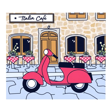 A vintage moped with a glossy red finish is parked on the cobblestone street. The moped features chrome accents and a classic rounded headlight. In the background, there is a rustic Italian cafe with a weathered stone facade and wooden shutters. Tables with checkered tablecloths are set outside the cafe, complete with small potted plants on each table. A vintage sign hangs above the entrance, displaying the cafe's name in elegant script.