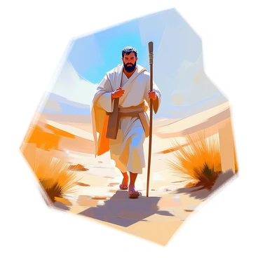 A man named Jonah is walking along a sun-baked desert path, his face set with a determined look. He has medium skin and short, dark hair, and he is dressed in light, flowing clothing suitable for the heat. In his right hand, he carries a sturdy wooden staff that he grips firmly. The barren landscape stretches out around him, featuring sandy dunes and sparse vegetation, with the sun casting sharp shadows on the ground. The clear blue sky above contrasts with the golden hues of the desert, enhancing the feeling of solitude on his journey.