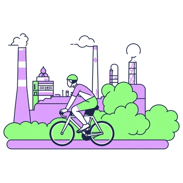 A cyclist is racing along a road, positioned in the foreground of the scene. The cyclist is wearing a tight-fitting helmet and colorful cycling gear, pedaling with intensity. In the background, there is an industrial area featuring towering chimneys that emit subtle hints of steam. Various large machinery and structures are visible, with intricate details of pipes and gears. The sky above is clear, providing a sense of openness to the environment as the cyclist speeds past.