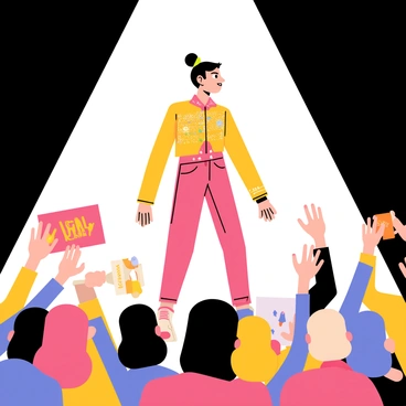An idol stands under a large, dramatic spotlight, showcasing a fresh and stylish look. The idol wears a vibrant outfit adorned with sequins that shimmer under the light. Their hair is styled uniquely, enhancing their charismatic presence. In front of the idol, an excited audience of cartoon figures claps and cheers, some holding colorful signs with supportive messages. The scene captures the energy and excitement of the moment, emphasizing the idol's confidence and the audience's admiration.