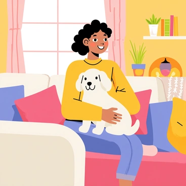 A young girl named Hermine with curly brown hair is cuddling a small, fluffy dog with white fur. Hermine is sitting on a soft, oversized sofa with colorful cushions in a cozy living room. There is a warm, glowing fireplace in the background, casting a gentle light on the scene. A small bookshelf filled with books and a few potted plants are visible on one side of the room. A knitted blanket is draped over the arm of the sofa, adding to the cozy atmosphere. The dog's expression is content, and Hermine looks happy and relaxed as she enjoys the moment with her pet.