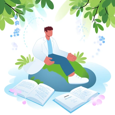 A scientist with short hair is seated on a moss-covered rock in a lush forest. The scientist is wearing a lab coat and is surrounded by various notes and sketches of "châtaignes," which are scattered around on the ground. There are several open notebooks filled with detailed drawings of "châtaignes" and annotations. Nearby, small clusters of "châtaignes" can be seen hanging from the branches of trees, while vibrant green foliage and sunlight filter through the leaves above, creating a dappled light effect in the scene.