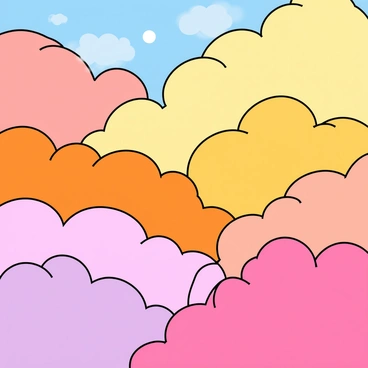 A vast sky filled with fluffy clouds in various bright colors including pink, orange, yellow, and lavender. The clouds are round and puffy, casting soft shadows on one another. The sun can be seen peeking through, adding a warm glow to the scene. The overall composition is lively and cheerful, evoking a sense of joy and positivity.