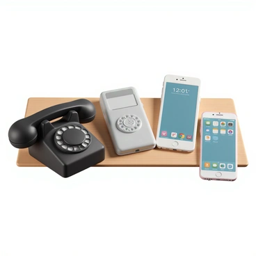 A rotary phone, featuring a classic design with a black body and a circular dial with numbers. Next to it, a flip phone, displaying a sleek silver exterior, partially opened to reveal its keypad. Finally, a smartphone is positioned beside the flip phone, showcasing a modern touchscreen with various app icons visible on the screen. The three devices are arranged on a wooden surface, with a soft light illuminating their features, highlighting the evolution of mobile technology.
