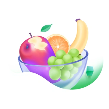 A bowl filled with a variety of fresh fruit, prominently featuring a red apple that shows early signs of browning on one side. The bowl is made of translucent glass, with reflections of the fruit visible on its surface. In addition to the apple, the bowl contains an assortment of vibrant fruits, including a yellow banana, a bunch of green grapes, and slices of bright orange, all arranged artistically. The background is softly blurred to emphasize the bowl of fruit in the foreground.