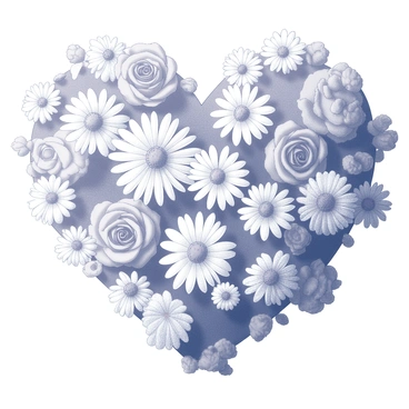 A heart-shaped arrangement of various flowers, including roses and daisies, is displayed prominently in the foreground. The flowers are meticulously arranged, displaying different shapes and sizes, all forming a harmonious heart shape. In the background, there is a clear sky that fills the upper portion of the image, providing a vast expanse that enhances the vibrant colors of the flowers. The overall composition captures the essence of the floral arrangement against a serene backdrop.