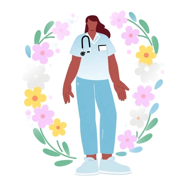 A midwife in a professional uniform is standing confidently. She wears a light-colored scrubs top and matching pants, with a name badge attached to her shirt. In her hand, she holds a stethoscope. Surrounding her is a vibrant array of blooming flowers in various colors, including pink, yellow, and white, creating a lively and warm atmosphere. The flowers are arranged in full bloom, with green leaves enhancing their colors, contributing to a cheerful backdrop.