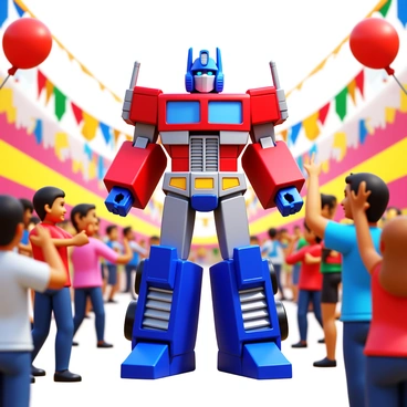 Optimus Prime, the iconic transformer, standing tall at a local festival. He is surrounded by cheerful crowds of people, including children waving colorful flags and families enjoying the festivities. Brightly colored decorations, such as banners and balloons, are hung around the area, adding to the festive atmosphere. The scene captures the excitement and joy of the festival, with people taking photos and interacting with Optimus Prime.