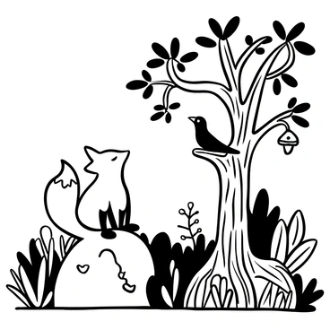 A whimsical storybook cover featuring "a fox sitting on a rock" with its bushy tail curled around it. The fox is looking up at "a crow perched on a low branch" of a gnarled tree above. The tree is surrounded by "twisting vines and mushrooms" on the forest floor. "Enchanted lights" float gently in the air around them, adding a magical ambiance. The background shows "dense foliage" with various leaves and plants creating a sense of depth in the forest.