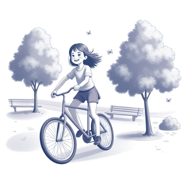A young girl is riding a bicycle with a classic design. She has a bright expression, embodying joy and excitement as she pedals through a park. Surrounding her are tall trees with full canopies and a well-maintained path. The girl’s hair is flowing in the wind, and she is wearing a casual outfit suitable for a day outside. Nearby, there are scattered patches of grass and a few park benches. A couple of butterflies can be seen fluttering in the air, adding life to the scene.
