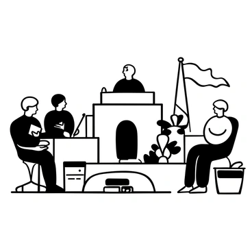 A silhouette of a courtroom scene with a judge seated at a raised bench. The judge is holding a gavel. In front of the bench, a jury panel is positioned, with multiple figures seated in a row, all facing forward. The defendant stands in the center, positioned between the judge and jury, with a distinct posture indicating attention. Various courtroom elements such as a flag, a witness stand, and legal books are included around the scene. The entire composition is outlined clearly in black against a white background.