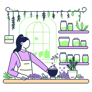 A Virgo herbalist is engaged in the careful arrangement of dried herbs and plants in a workshop filled with various glass jars. The herbalist has long hair tied back and wears a simple linen apron over a fitted dress. Various herbs hang from the ceiling, creating an aromatic atmosphere. On a wooden table, there are groupings of dried lavender, chamomile, and sage, all meticulously organized. A mortar and pestle sit at the edge of the table, surrounded by scattered leaves and petals. The walls are lined with shelves filled with labeled jars, each containing different herbs, infusing the space with a sense of order and tranquility. A window allows soft, natural light to illuminate the scene, enhancing the cozy ambiance.