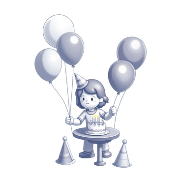 A small figurine resembling a character named Polly Pocket is depicted celebrating a birthday party. Polly is surrounded by several colorful balloons tied to a mini table. The table is adorned with a tiny cake, complete with decorative frosting and miniature candles. There are party hats placed around, adding to the festive atmosphere. The scene captures the joy of a birthday celebration in a compact, whimsical setting, highlighting the details of the decorations and the cheerful expression on Polly's face.