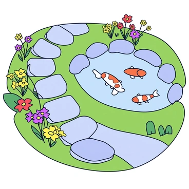 A winding stone path made of medium-sized gray stones, gently curving through a lush green garden. On one side of the path, there are vibrant flowering plants in various colors, including red, yellow, and purple blooms. The other side features a serene koi pond filled with clear water, showcasing orange and white koi fish swimming gracefully. Surrounding the pond are large, smooth stones and patches of soft green grass. The scene is filled with a bright, sunny atmosphere, emphasizing the beauty of the garden.