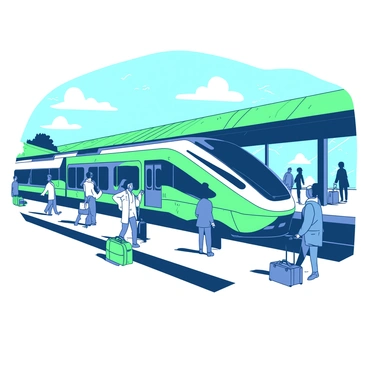 A duotone illustration featuring a train station with a green roof. The station is bustling with passengers, some holding luggage, as they prepare to board a solar-powered train. The train has sleek lines, and its exterior is polished, reflecting the environment around it. A few passengers are already stepping onto the train, while others are checking their tickets. The station has a bright and inviting atmosphere, with a clear sky visible above the green roof.