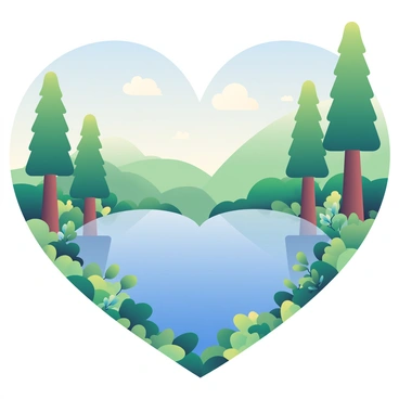 A scenic view of a heart-shaped lake surrounded by lush greenery