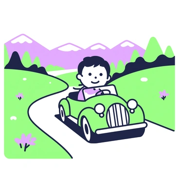 A flat-faced character is driving a vintage car along a winding road. The character has large, expressive eyes and a simple, cartoonish smile. The vintage car has rounded edges and gleaming chrome details. On either side of the road, there are rolling hills with lush green grass and clusters of trees. In the background, towering purple mountains rise against a clear sky. The scene captures the charm of a leisurely drive in nature, with flowers blooming alongside the road and a distant river glistening in the sunlight.