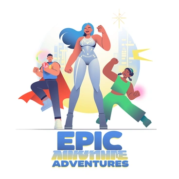 A movie poster features a group of dynamic characters in action poses. In the center, a tall woman with long, flowing blue hair strikes a powerful stance, wearing a sleek, silver bodysuit adorned with glowing patterns. To her left, a muscular man with short black hair and a red cape is leaping with one fist raised high. On the right, a young girl with braided hair, dressed in a green outfit, is crouched and ready to spring forward. Behind them, a futuristic city skyline glows with bright lights, and colorful energy bursts surround the characters, adding to the sense of movement. The title of the movie, "Epic Adventures," is displayed prominently at the bottom in bold, stylized letters.