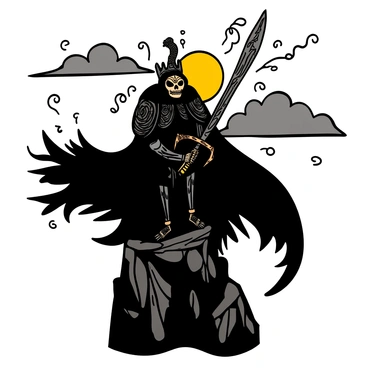 The Witch-King of Angmar, a menacing figure dressed in dark armor, stands atop a rocky cliff. His long, tattered cloak billows dramatically in the wind, revealing intricate patterns and textures. He wears a twisted crown on his head, and his face is obscured by a shadowy hood. The setting sun casts an ominous light, creating a stark contrast against the dark sky. Wisps of clouds swirl around him, enhancing the sense of power and foreboding. His skeletal hand grips a jagged sword, emphasizing his role as a fearsome leader and warrior.