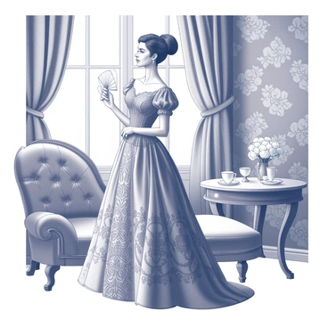 A Victorian-era woman stands gracefully in a lavish room. She is dressed in an elaborate gown, which features intricate patterns and flowing fabric. The room is adorned with rich textures, including velvet drapes and ornate wallpaper, showcasing detailed floral motifs. Elegant furniture, such as an intricately carved chaise lounge, complements the opulence of the setting. The woman holds a delicate fan in one hand, while her other hand rests gently on a nearby table decorated with fine china and a small vase of flowers. Soft light filters through a window, illuminating the scene and highlighting the luxurious details of her attire and surroundings.