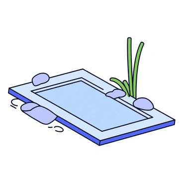 A rectangular swimming pool with a clear blue surface is situated within a zen garden. Surrounding the pool are carefully arranged smooth gray stones that contrast with the greenery. Tall green bamboo stalks rise elegantly on one side of the pool, creating a natural border. The garden features patches of soft, raked sand that emphasize simplicity and tranquility.