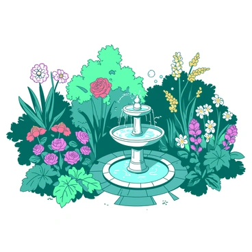 A teal sanctuary garden filled with vibrant flowers in full bloom. The flowers are a mix of various types, showcasing a spectrum of colors, while the lush green foliage surrounds them. In the center of the garden, there is a small white fountain, gently bubbling with clear water. The fountain is adorned with intricate carvings, and the sound of the water creates a tranquil atmosphere. The garden is well-kept, with neatly arranged flower beds and a stone pathway leading to the fountain.
