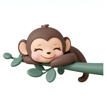 A fluffy monkey face with soft, brown fur, resting on a green branch. The monkey has its eyes closed, showcasing long eyelashes, and a content grin spread across its small mouth. Its round cheeks are slightly puffed, adding to its relaxed expression. The branch is covered in vibrant green leaves, providing a natural setting for the sleepy monkey.