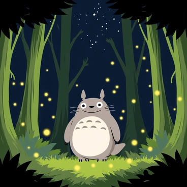 A dense forest filled with tall, green trees and thick foliage. In the center of the scene, "Totoro" stands happily, its large round body gray with a white belly and a friendly smile. Surrounding Totoro, "glowing fireflies" float gently in the air, creating a magical atmosphere. The fireflies emit a soft yellow light, illuminating the darkness of the forest. Above, the night sky is dotted with twinkling stars, adding to the enchanting setting of the light show.