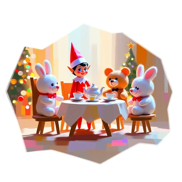 An elf on the shelf with bright red clothing and a cheerful expression is hosting a tea party at a small round table. The table is adorned with a delicate tablecloth and features a colorful assortment of teacups and a teapot. Surrounding the table are a group of plush toys, including a teddy bear with a bow tie, a bunny with floppy ears, and a bright-colored dragon. Each plush toy sits on tiny chairs, eagerly participating in the tea party. The scene is arranged in a cozy living room setting, with warm lighting and holiday decorations in the background.