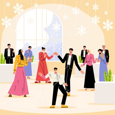A winter-themed gala taking place in a grand hall adorned with sparkling white snowflakes hanging from the ceiling. Guests are dancing on a polished wooden floor, wearing formal winter attire. Some women are dressed in flowing long gowns made of velvety fabric, while others wear elegant fur shawls. Men are in tailored suits with bow ties, some featuring winter coats. Twinkling string lights create a warm ambiance, and tables covered with white tablecloths are set up around the dance floor, decorated with small evergreen centerpieces and candles. A large window shows a gentle snowfall outside, adding to the enchanting winter atmosphere.