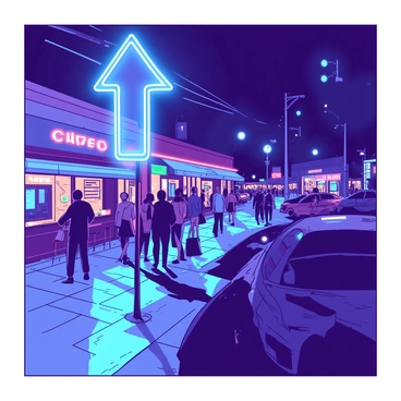A blue neon arrow is pointing upwards against a background of a busy urban street at night. The street is filled with people walking, some holding shopping bags. Nearby, a teal neon arrow is glowing, directing attention towards a lively café with outside seating. Brightly lit store windows display various products, and cars are parked along the side of the road, their headlights casting light onto the pavement. The atmosphere is vibrant with a mix of colors reflecting off the wet asphalt after a recent rain.