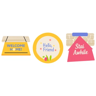 A series of colorful welcome mats placed at different doorsteps. Each mat features a unique design and cheerful message. The first mat is rectangular, with a bright yellow background and the message "Welcome Home!" in bold blue letters. The second mat is circular, decorated with flowers and the phrase "Hello, Friend!" in a playful font. The third mat is shaped like a house, with a red base and the message "Stay Awhile" written in white cursive. The doorsteps vary in style, including a wooden porch, a stone entryway, and a brick path, each adding character to the scene.