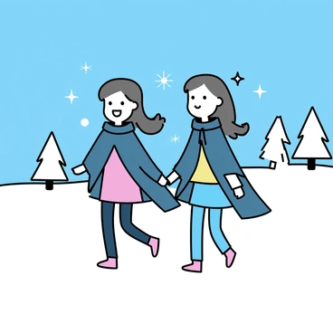 A snow-covered landscape stretching across the image, blanketed with fresh, white snow under a clear blue sky. Two sisters are joyfully walking together along a narrow path in the snow. Each sister is wearing a matching dark blue cloak, which flows gently as they move. Their faces are beaming with smiles, showcasing their happiness in the winter setting. Snowflakes gently fall around them, adding to the serene atmosphere of the scene. In the background, there are snow-laden trees lining the path, creating a picturesque winter wonderland.