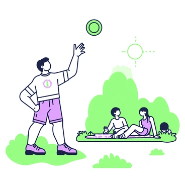 A person is standing in a park, preparing to launch a frisbee. They have short hair and are wearing a casual t-shirt and shorts. The person is using a strong flick of their wrist to send the frisbee soaring into the air. Surrounding them are patches of grass and a few trees in the background. There is a small group of people sitting on a picnic blanket nearby, watching the frisbee in motion. The sky above is clear, and the sun shines brightly, casting clear shadows on the ground.