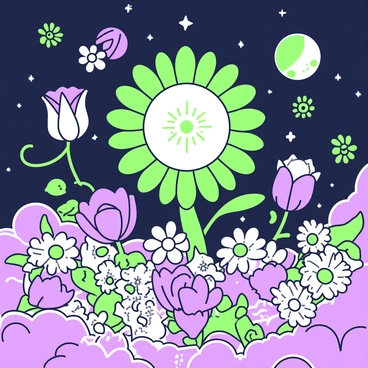 A cosmic scene depicting a vast expanse filled with various flowers instead of traditional celestial bodies. In the center, a large, vibrant sunflower represents a glowing star, radiating petals like rays. Surrounding it are clusters of delicate daisies and bold tulips, each floating among expansive dark space. Some flowers, such as roses and lilies, are arranged in swirling patterns, creating a sense of movement. In the backdrop, smaller blossoms serve as distant planets, with their intricate details visible up close, completing this floral galaxy.