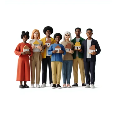 A diverse group of seven people, representing various ethnic backgrounds, stands together in a bright outdoor setting. Each individual is holding a miniature house in their hands, showcasing different architectural styles and colors. They are all smiling at each other, conveying a sense of joy and connection. The group includes a woman in a vibrant red dress, a man in a blue shirt, a person with curly hair wearing a green jacket, and others dressed in casual attire with various patterns and textures. Their expressions are warm and friendly, creating an inviting atmosphere.