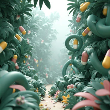 A dense, vibrant rainforest filled with large green leaves and thick vines, all uniquely shaped like colorful pills. The leaves are various shades of green, some with bright yellow and red accents, reflecting sunlight filtering through the canopy above. The vines twist and curl, resembling oversized capsules, intertwining with the surrounding foliage. The ground is littered with smaller plants and flowers, showcasing bursts of color amidst the greenery. A soft mist hangs in the air, creating a sense of depth and atmosphere within this unusual, pill-shaped rainforest landscape.