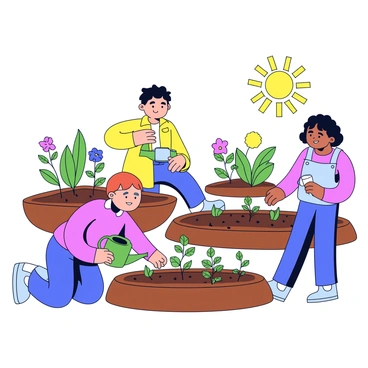 A group of three neighbors is working together in a community garden. One neighbor is kneeling down, carefully planting small seedlings in the rich brown soil. Another neighbor is standing nearby, holding a green watering can and pouring water onto the freshly planted seedlings. The third neighbor is using a small trowel to turn the soil in a nearby garden bed. The sun is shining brightly overhead, casting soft shadows on the ground. Various plants, flowers, and herbs are growing in different sections of the garden, creating a vibrant and lively scene.