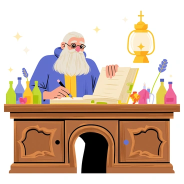 An elderly wizard with long silver hair and a beard, dressed in a deep blue robe, is seated at a large, intricately carved wooden desk. The desk is covered with various enchantment supplies, including brightly colored potion bottles, shimmering crystals, and a quill made from a phoenix feather. The wizard is focused on writing in a large, ornate tome, which features golden pages and a decorative clasp. Soft light emanates from a floating lantern nearby, illuminating the scene and casting gentle shadows around the desk. In the background, hints of magical artifacts can be seen, adding to the enchanting atmosphere of the workspace.