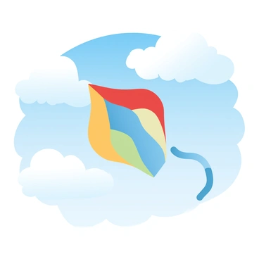 A colorful kite shaped like a bird is soaring in a bright blue sky. The kite features vibrant hues such as red, yellow, and blue, creating a striking appearance against the sky. Below the kite, fluffy white clouds float softly. The sun shines brightly, illuminating the kite and casting a gentle shadow on the clouds below.