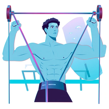 A fit individual with a toned physique is performing a cable crossover exercise in a modern gym setting. The person has short, dark hair and is focused, with beads of sweat glistening on their forehead. Their arms are extended outward, gripping two cables attached to high pulleys, creating visible tension in their biceps and chest muscles. The individual's muscles are well-defined, showcasing the strain of the exercise. The gym has large mirrors reflecting their intense posture, and various fitness equipment can be seen in the background, adding context to the workout environment.