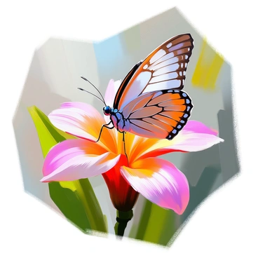 A close-up view of a butterfly with intricate patterns on its delicate wings, resting gently on the petals of a vibrant tropical flower. The butterfly displays shades of blue and orange, with fine details visible on its wings. The flower is lush and colorful, showcasing hues of pink, red, and yellow, with droplets of dew glistening on its petals. The background features a blur of tropical greenery, adding depth to the composition.