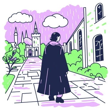 Severus Snape is walking through a rain-soaked Hogwarts courtyard. He is wearing a long, dark cloak that billows behind him, with water dripping from its hem. His hair is slicked back and glistening, and raindrops are visibly cascading off his shoulders. The stone pavement reflects the wet surface, showing ripples from the falling rain. In the background, the ancient Hogwarts castle looms with its towering spires and heavy stone walls. Overhead, dark clouds gather, and the atmosphere is filled with a sense of somber solitude. Nearby, a few wilting plants are bending under the weight of the rain.